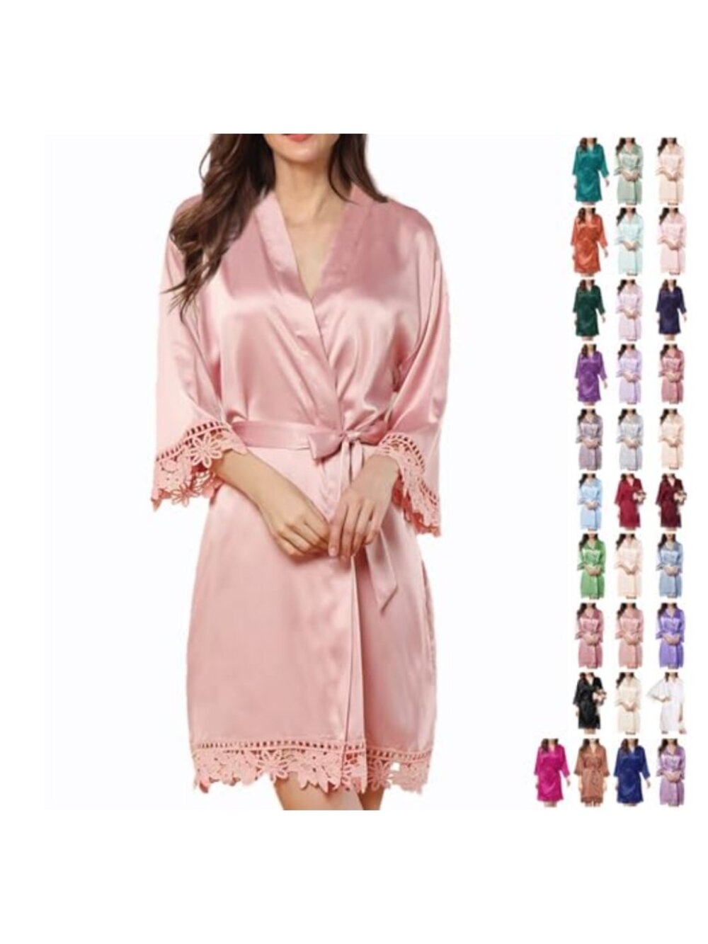 Womens Silk Satin Robe Kimono Lace Trim Sleepwear Bridal Party Robe